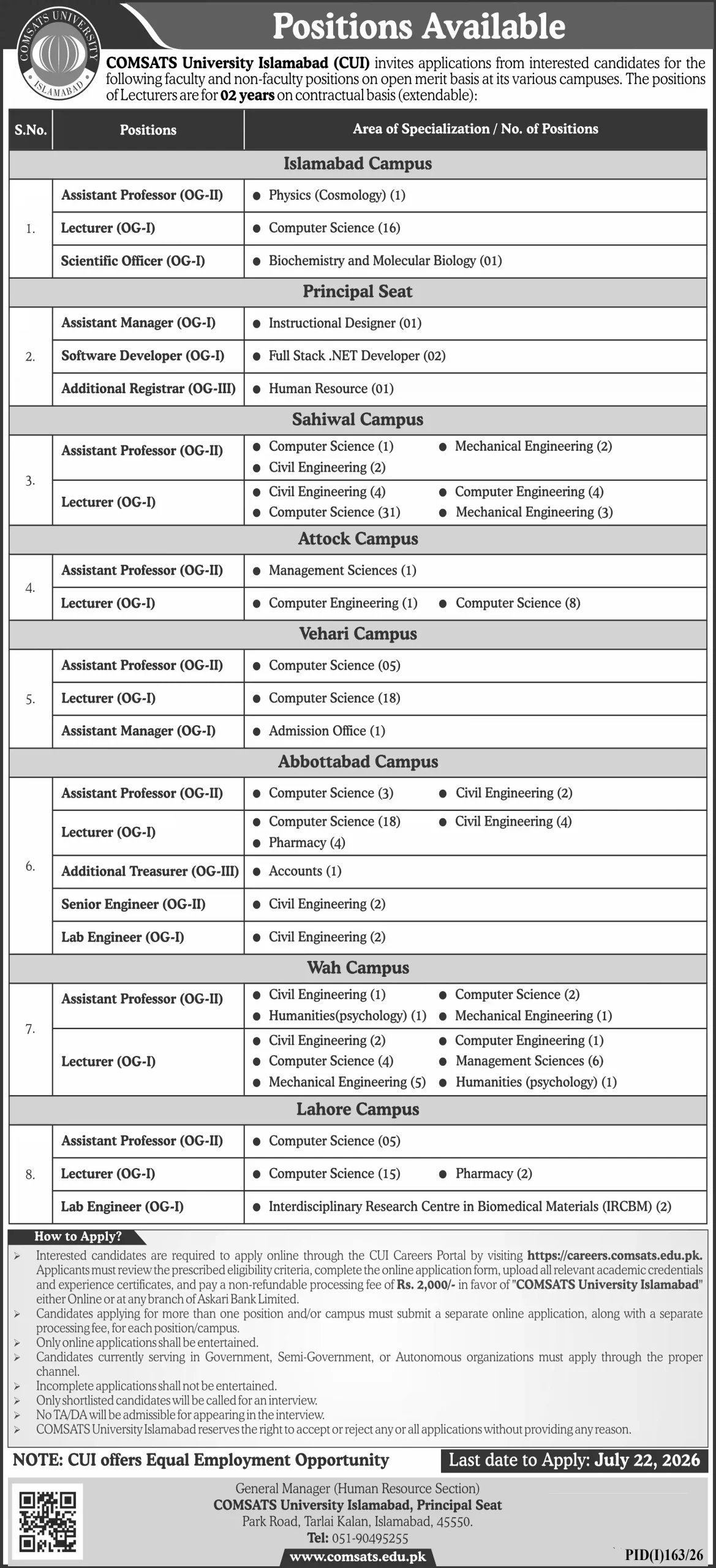 COMSATS University Jobs 2026 Official Advertisement COMSATS University Jobs 2026 Official Advertisement for Lecturer Assistant Professor Software Developer and Computer Science Posts