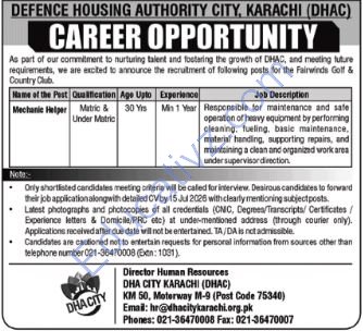 Defence Housing Authority DHA Jobs | Mechanic Helper - Official Advertisement