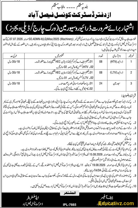 District Council Faisalabad, Local Government and Community Development Department, Government of the Punjab Jobs | Driver (HTV), Driver (LTV), Sewerman - Official Advertisement