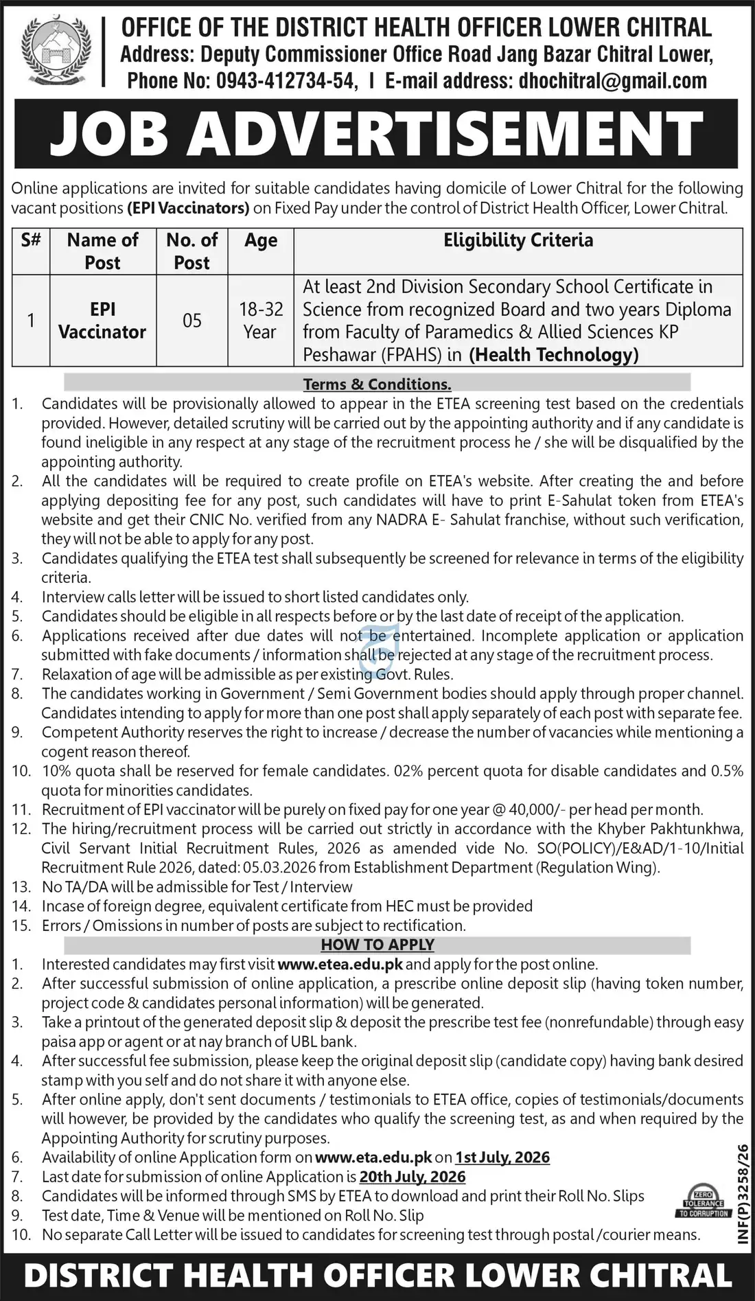 District Health Officer Chitral Jobs July 2026 - Health Department Vacancies Advertisement