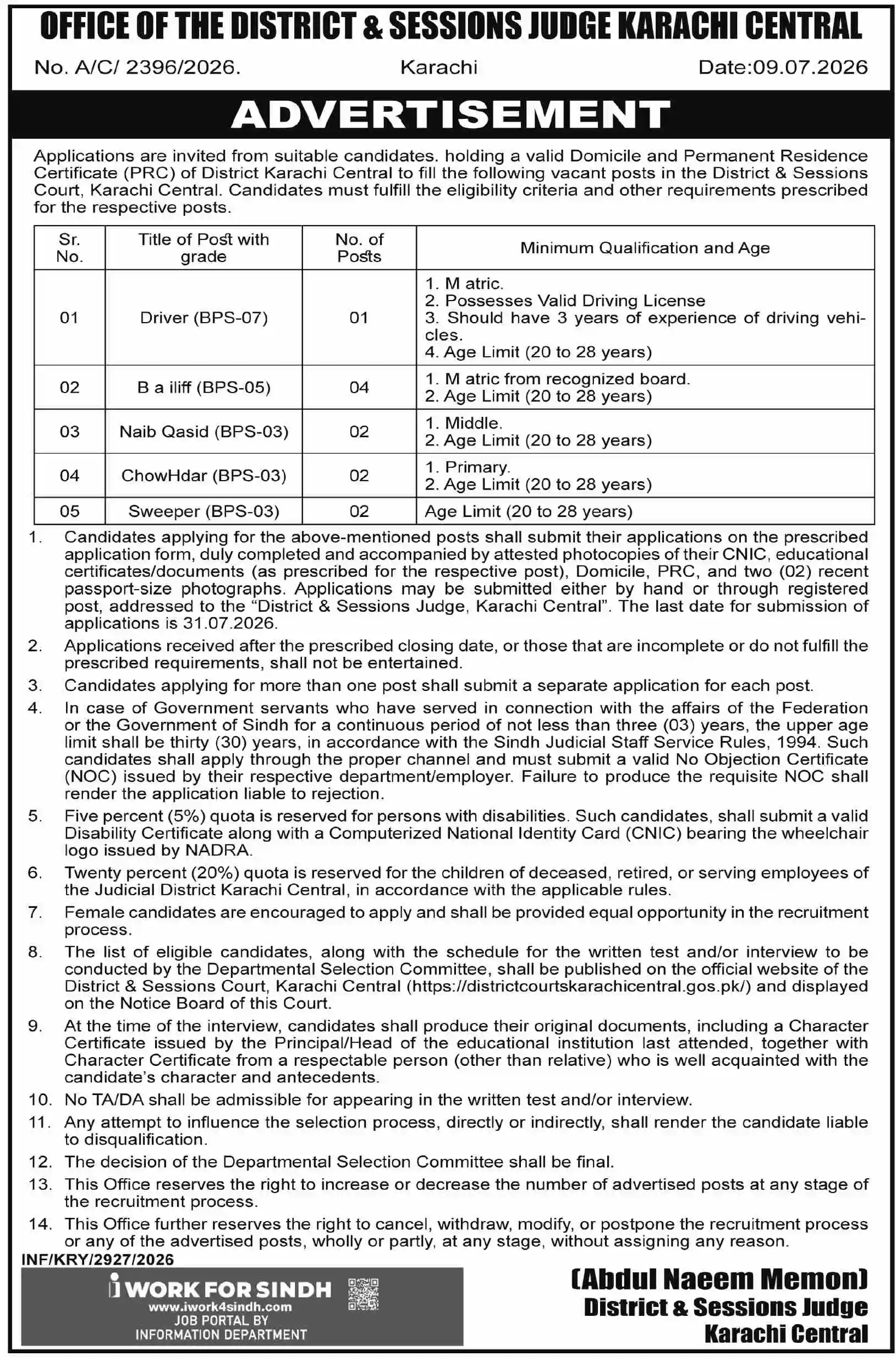 District and Sessions Judge Karachi Central Jobs July 2026 Official Advertisement for Driver Bailiff Naib Qasid Chowkidar and Sweeper