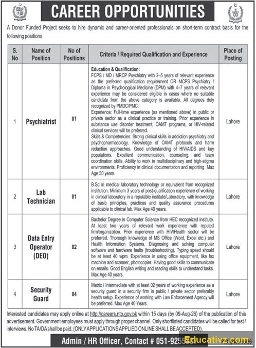 Donor Funded Project Jobs  | Psychiatrist, Lab Technician, Data Entry Operator (DEO) & Others - Official Advertisement