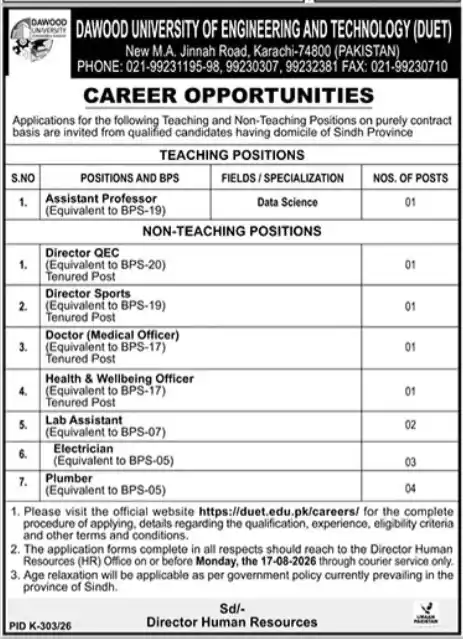 DUET Jobs August 2026 Advertisement — Dawood University of Engineering and Technology Daily Jang 30 July 2026