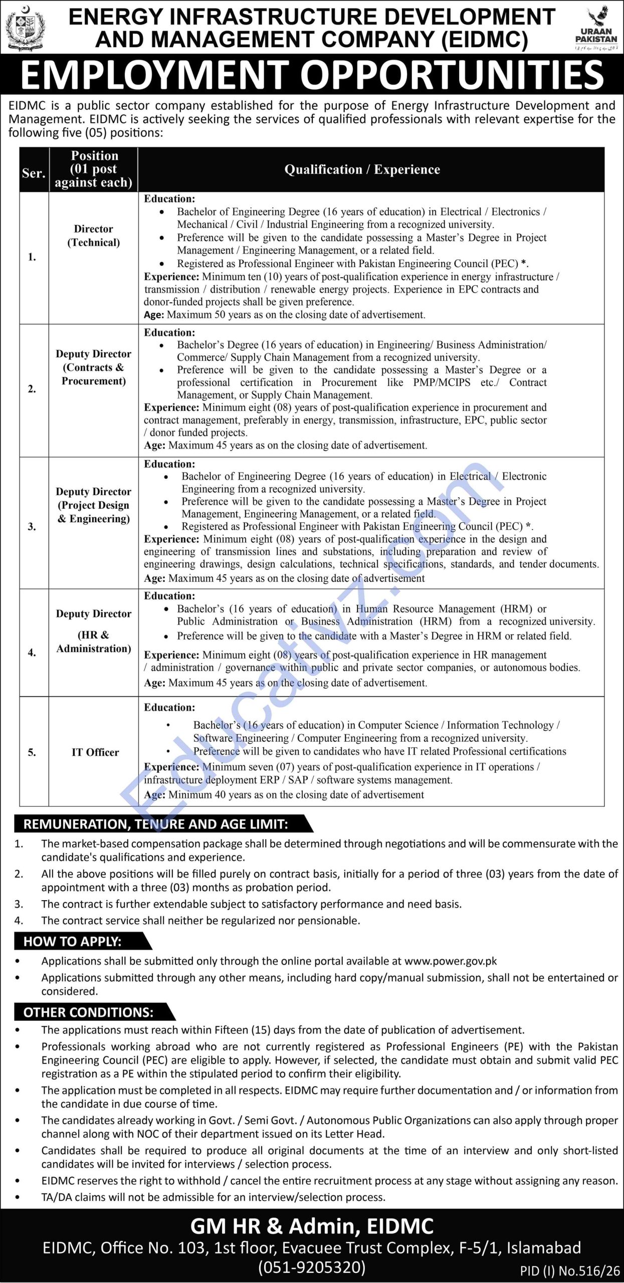 Energy Infrastructure Development & Management Company EIDMC Jobs | it officer, director technical, deputy director & Others - Official Advertisement