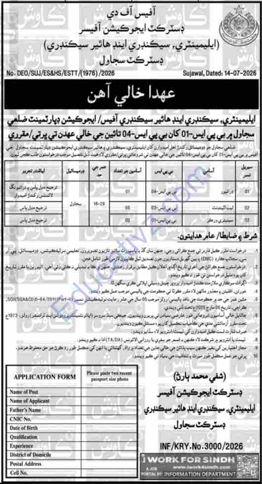 Elementary Secondary & Higher Secondary Sujawal, Pakistan Jobs | Lab Attendant, Driver, Sanitary Worker - Official Advertisement