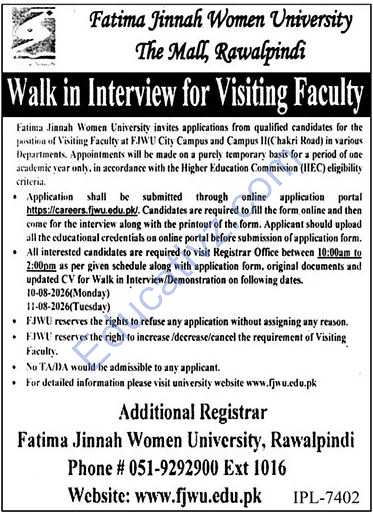 Fatima Jinnah Women University Jobs | Lecturer, Professor, Visiting Faculty - Official Advertisement