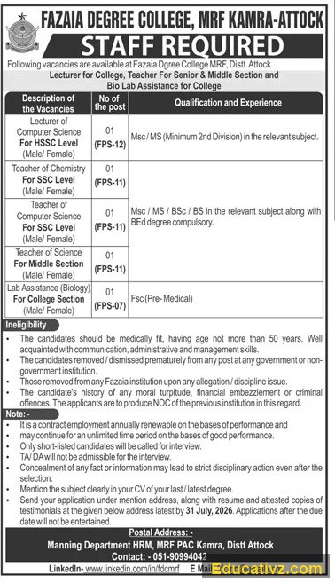 Fazaia Degree College, MRF Kamra, Jobs July 2026 | Lecturer & Others - Official Advertisement