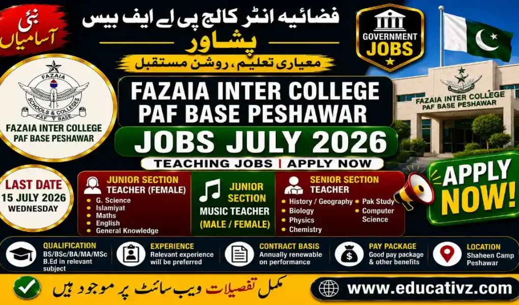 Fazaia Inter College PAF Base Peshawar Jobs July 2026 for Junior and Senior Teachers
