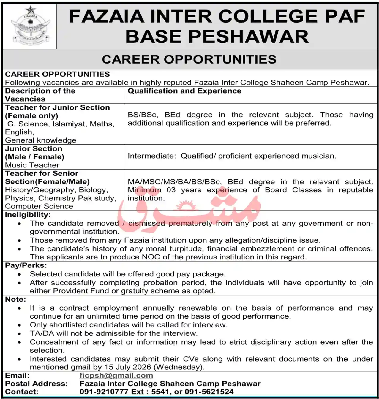 Fazaia Inter College PAF Base Peshawar Jobs July 2026 Official Advertisement for Junior Senior and Music Teachers