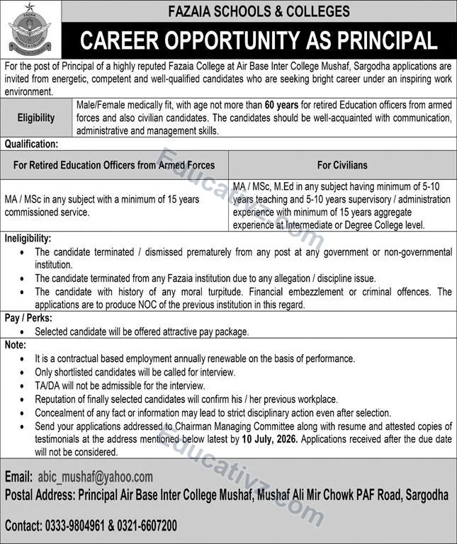 Fazaia Schools and Colleges Sargodha Jobs July 2026 - Principal Vacancy official advertisement