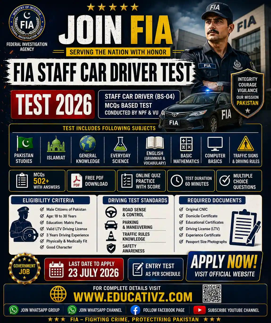 FIA Staff Car Driver Test 2026 preparation thumbnail showing MCQs, eligibility criteria, test subjects, required documents and online preparation guide by Educativz.