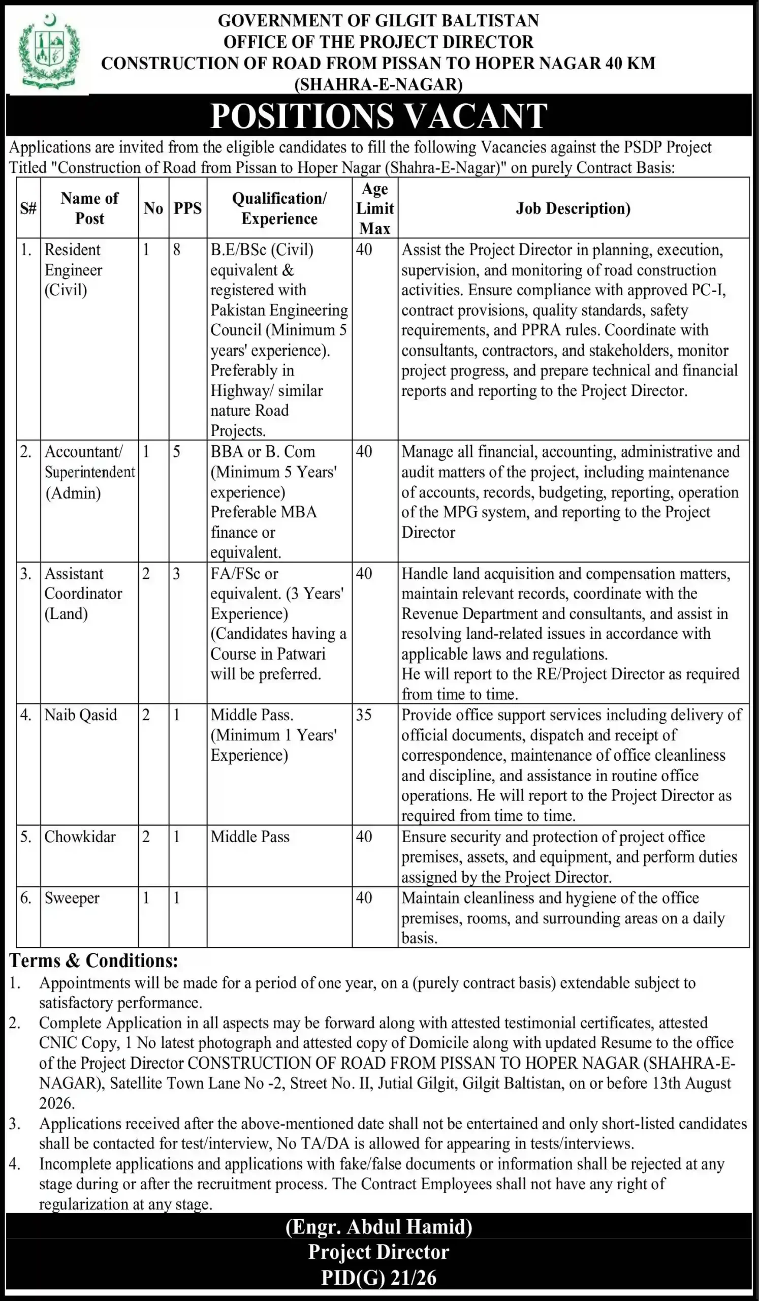 Gilgit Baltistan Project Director Road Jobs 2026 Advertisement — Pak Observer 29 July 2026