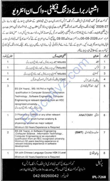 Government College of Technology Jobs | Visiting Faculty - Official Advertisement