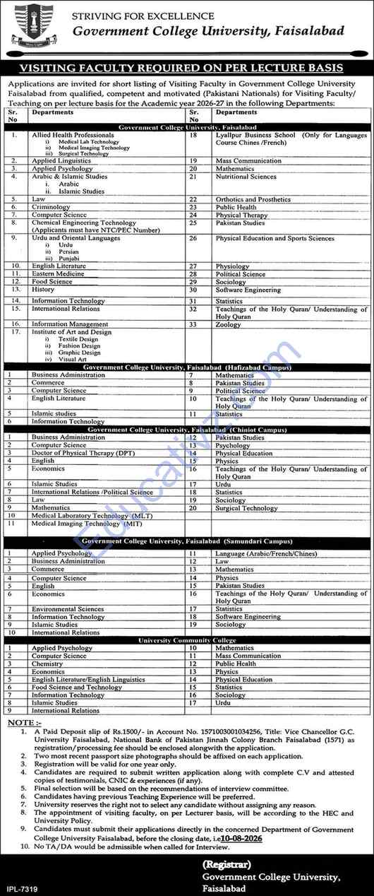 Government College University Faisalabad Jobs July 2026 | Professor Information Management, Professor Textile Design, Professor Urdu & Others - Official Advertisement