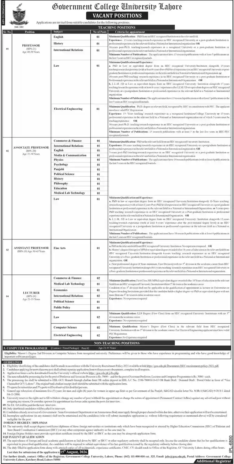 Government College University Lahore Jobs July 2026 Official Advertisement Government College University Lahore Jobs July 2026 Official Advertisement