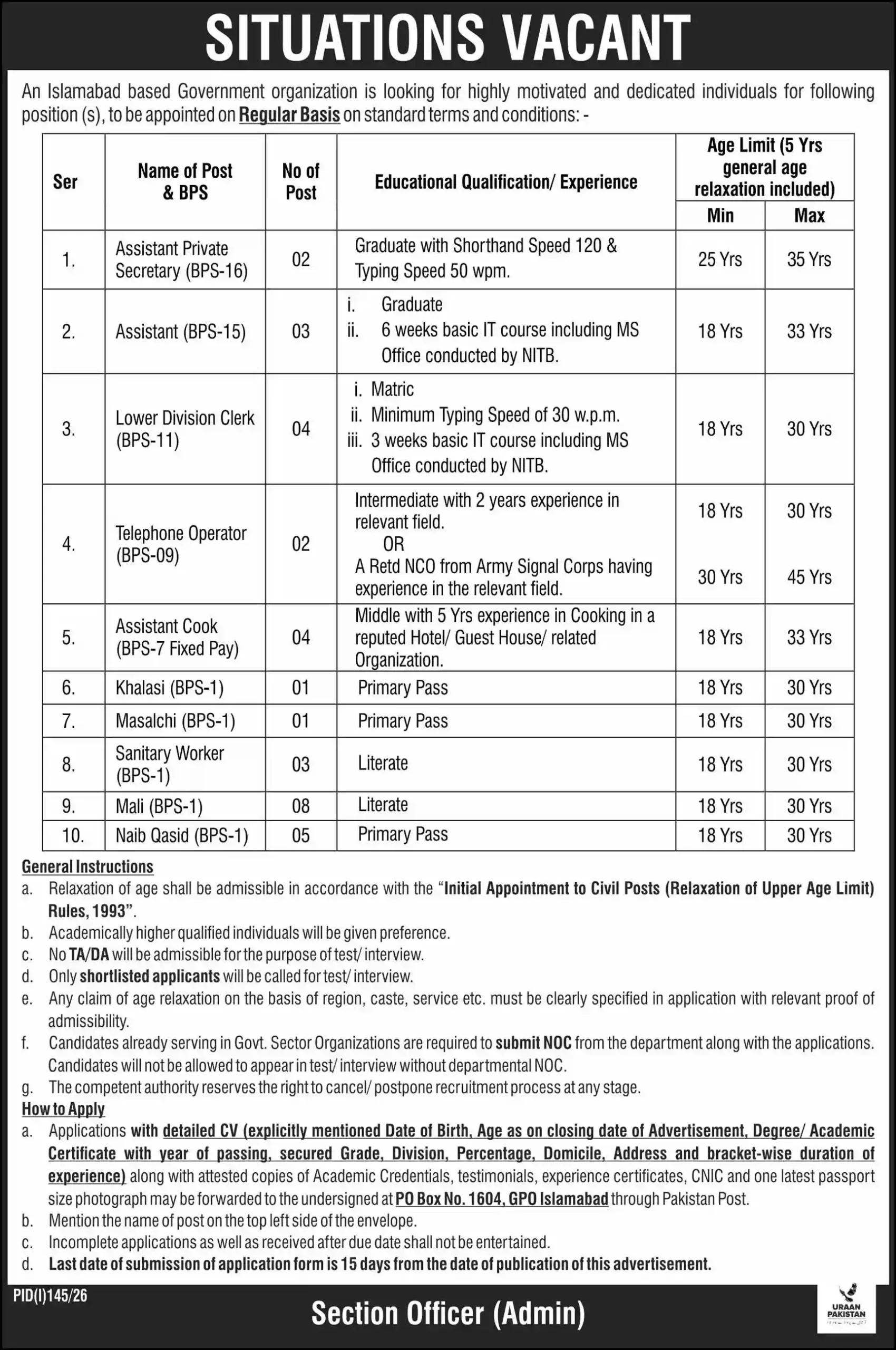 Government Organization Islamabad Jobs 2026 Official Advertisement for APS Assistant LDC Telephone Operator and BPS-01 Posts