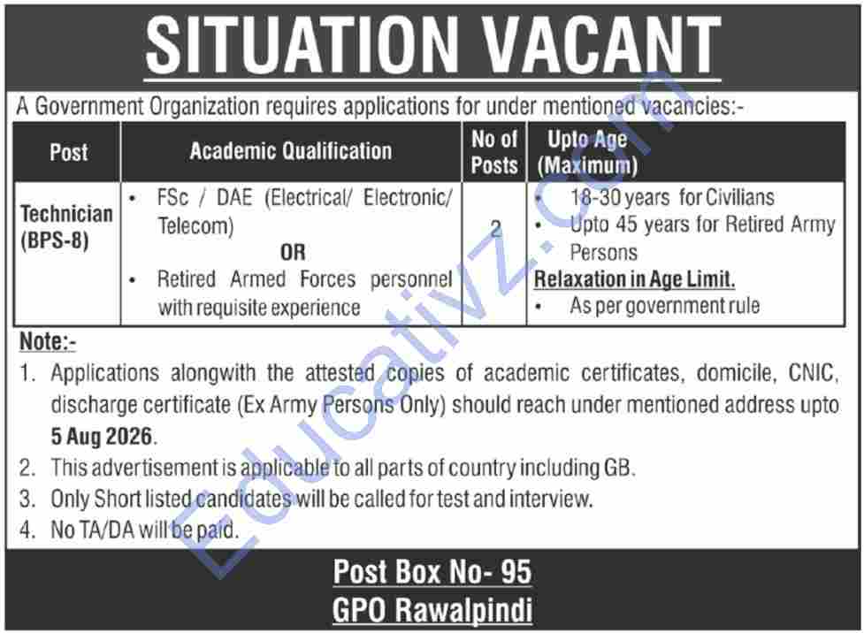 Government Organization Jobs July 2026 | Technician - Official Advertisement