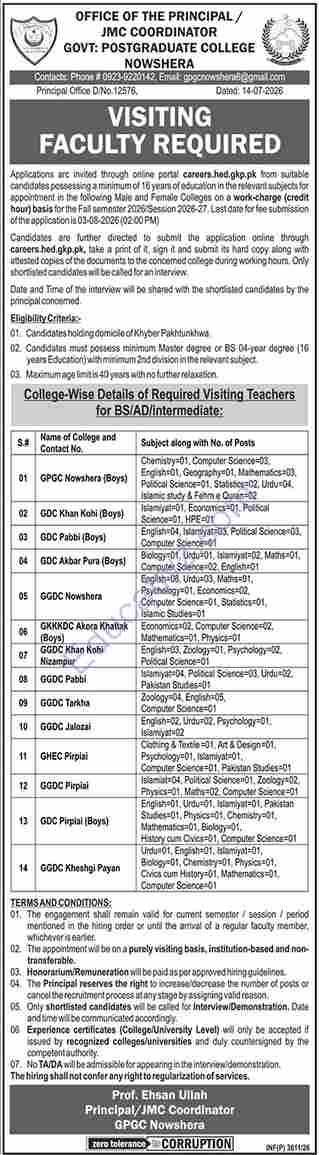 Government Postgraduate College Jobs | Visiting Faculty - Official Advertisement