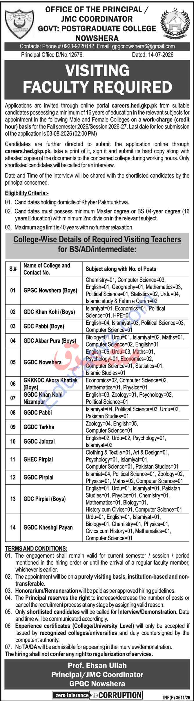 Government Postgraduate College Jobs July 2026 | Visiting Faculty, Lecturer - Official Advertisement