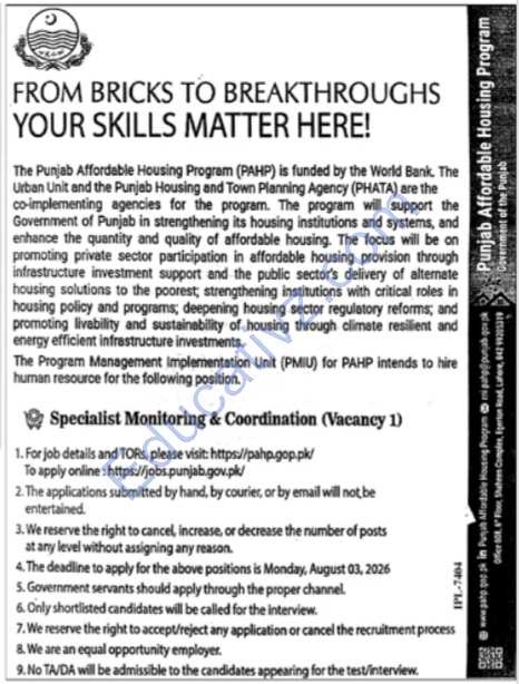 Government of Punjab Jobs | Special Monitoring Coordination - Official Advertisement