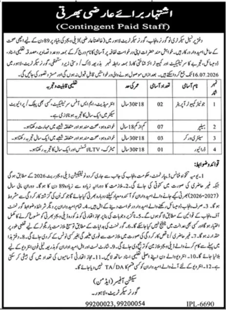 Governor Secretariat Lahore Jobs July 2026 - Management & Support Staff Vacancies Advertisement