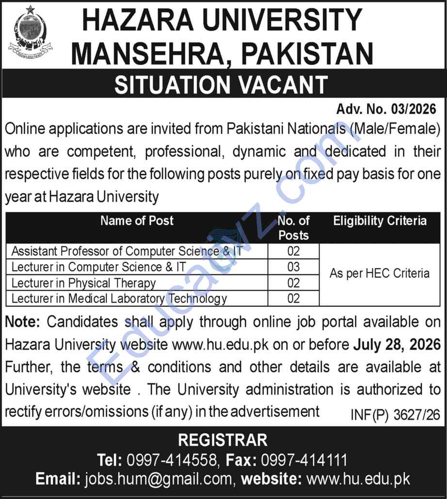 Hazara University Jobs | Assistant Professor, Lecturer - Official Advertisement