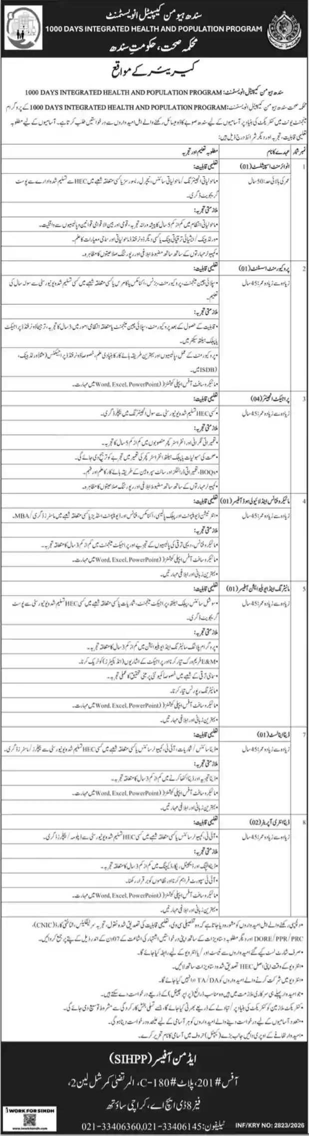 Health Department Karachi Jobs 2026 Official Advertisement Health Department Karachi Jobs 2026 Official Advertisement SIHPP 1000 Days Integrated Health and Population Program