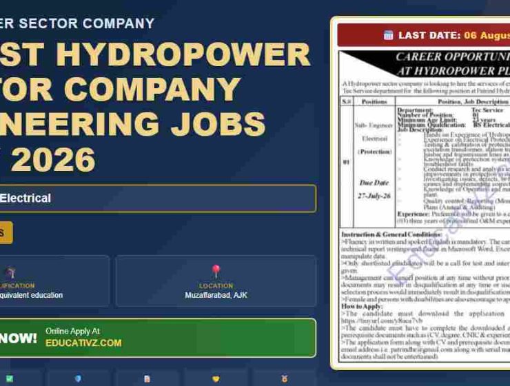 Hydropower Sector Company Jobs July 2026 - Sub Engineer position overview
