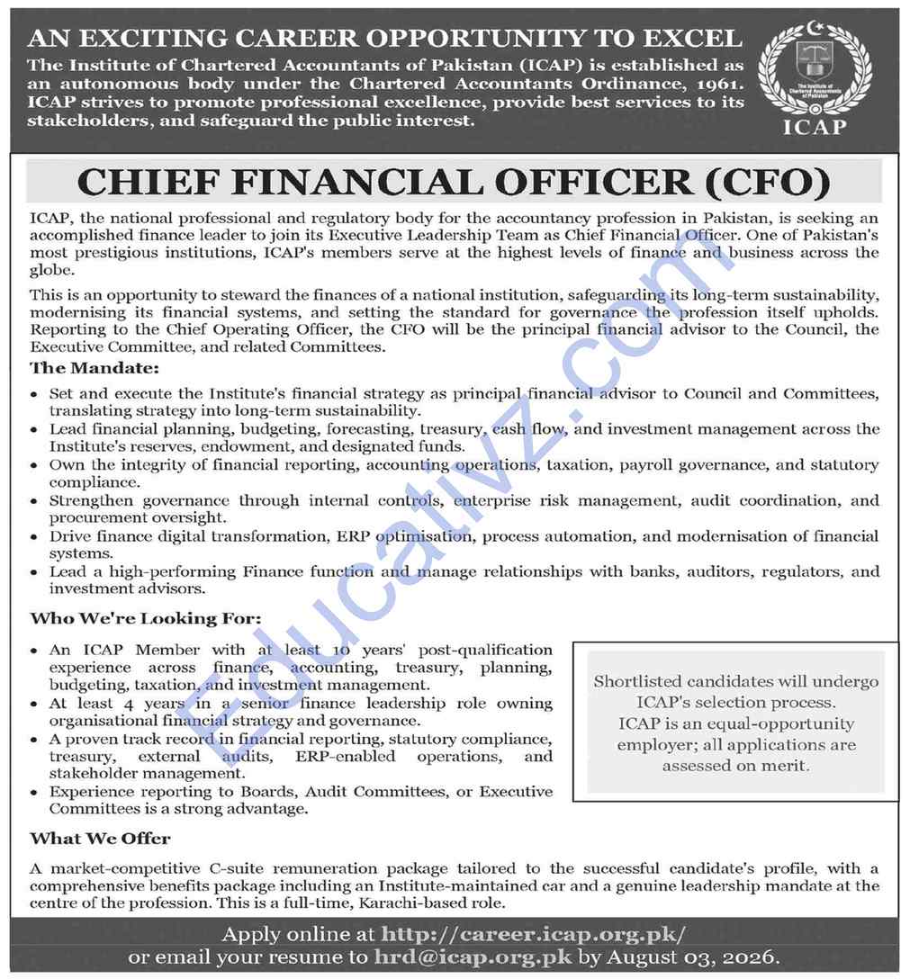 Institute of Chartered Accountants of Pakistan ICAP Jobs | chief financial officer cfo - Official Advertisement