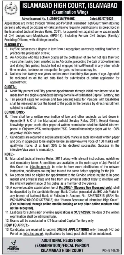Islamabad High Court Jobs 2026 Official Advertisement Islamabad High Court Jobs 2026 Official Advertisement for Civil Judge BS-18
