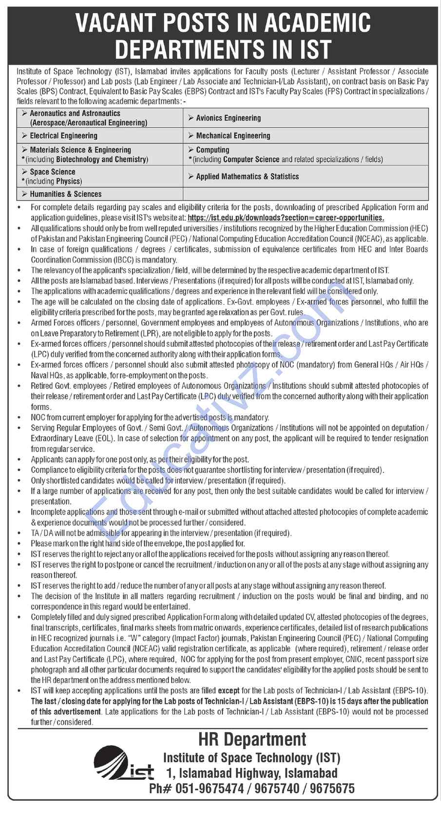 Institute of Space Technology IST Jobs | associate professor, assistant professor, lab engineer & Others - Official Advertisement