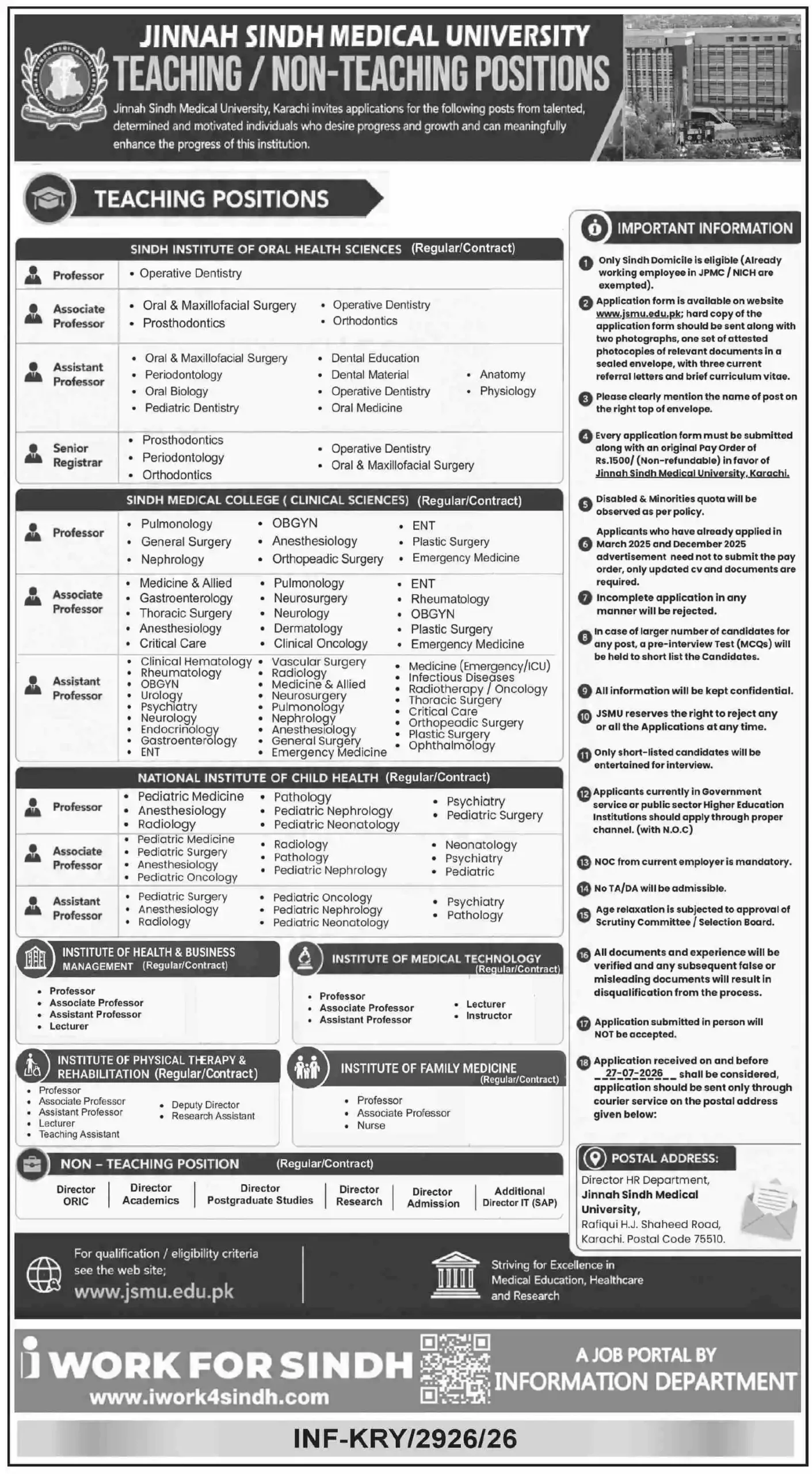Jinnah Sindh Medical University Jobs July 2026 Official Advertisement for Teaching and Non-Teaching Positions
