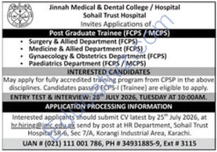 Jinnah Medical & Dental College Korangi Karachi Jobs  | Post Graduate Trainee, Fcps Trainee, Mcps Trainee - Official Advertisement