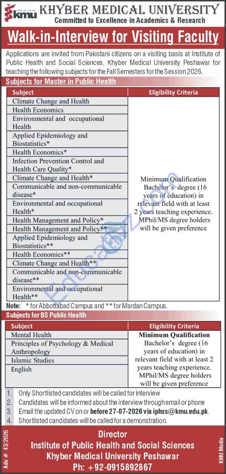 Khyber Medical University Peshawar Jobs July 2026 | Lecturer, Professor, Visiting Faculty - Official Advertisement