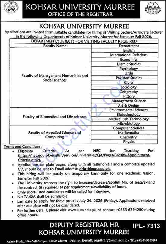 Kohsar University Jobs July 2026 | Visiting Lecturer, Associate Lecturer, Lecturer - Official Advertisement