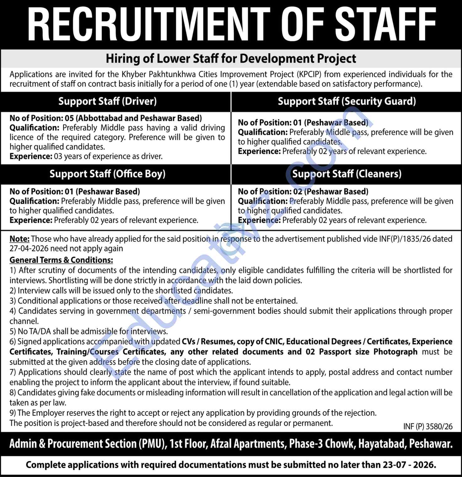 Khyber Pakhtunkhwa Cities Improvement Project Jobs  | Support Staff, Driver, Security Guard & Others - Official Advertisement