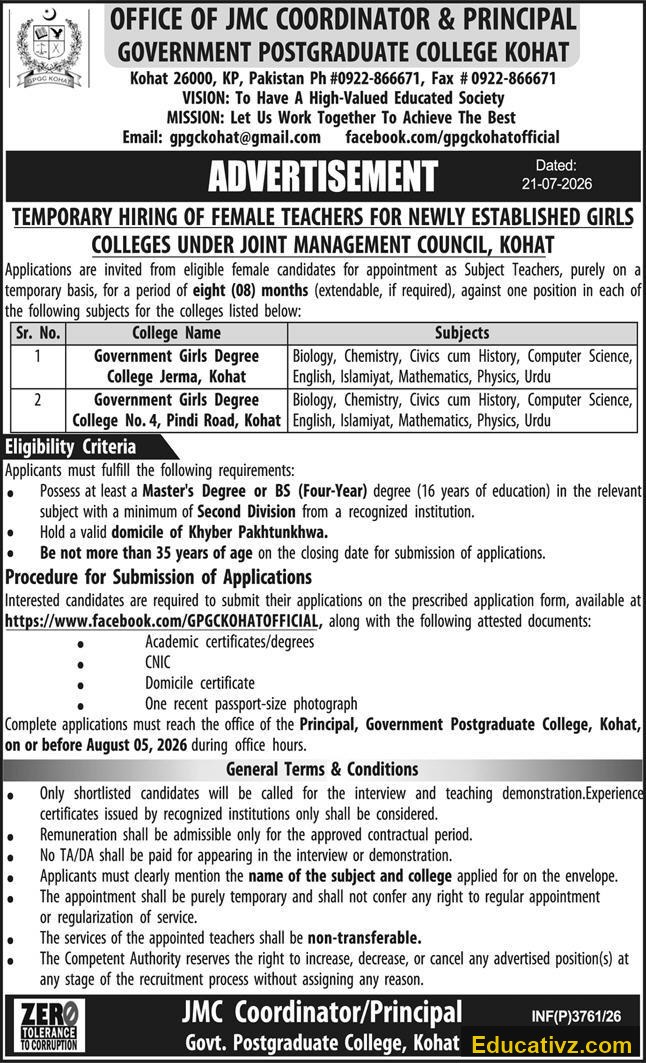 Office of JMC Coordinator & Principal, Government Postgraduate College Kohat Jobs | Subject Teacher - Official Advertisement