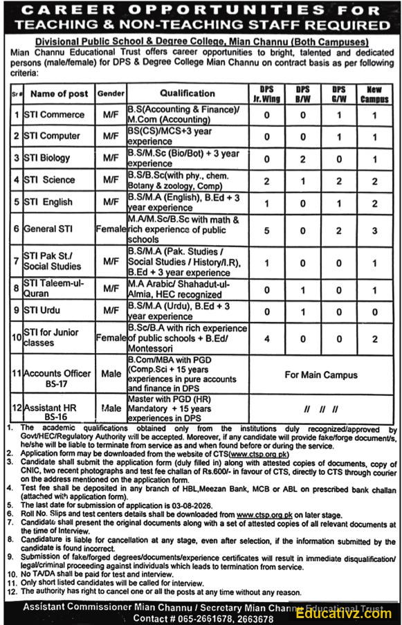 Mian Channu Educational Trust Jobs  | Teaching Staff, Non-Teaching Staff - Official Advertisement