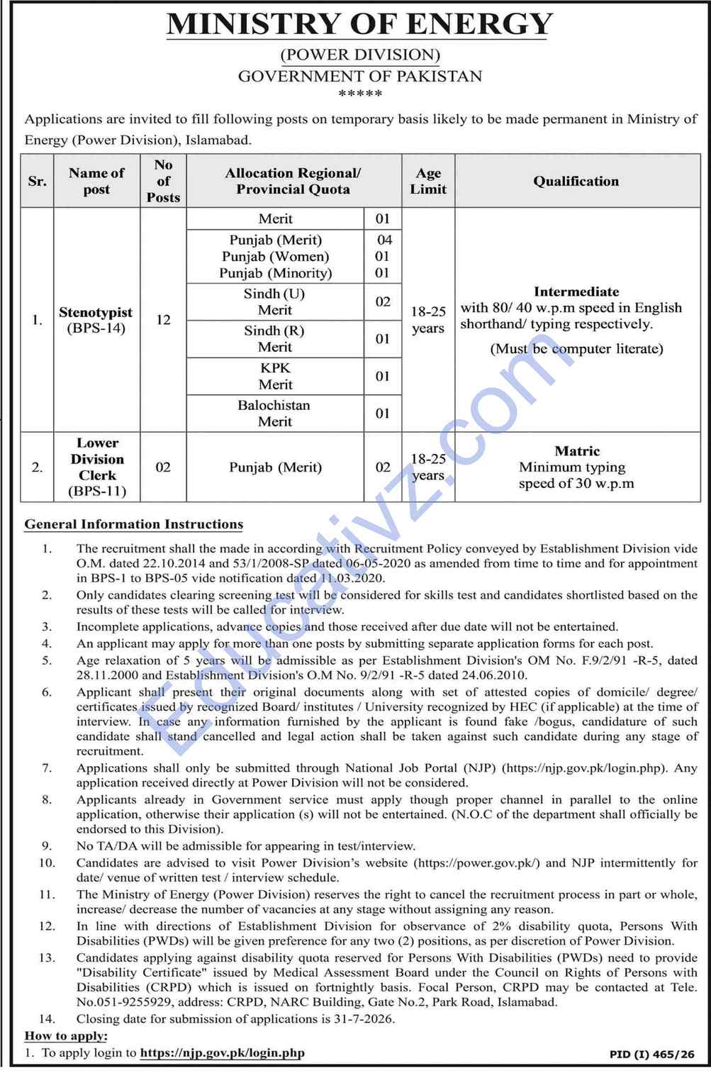 Ministry of Energy Jobs | Lower Division Clerk, Clerk - Official Advertisement