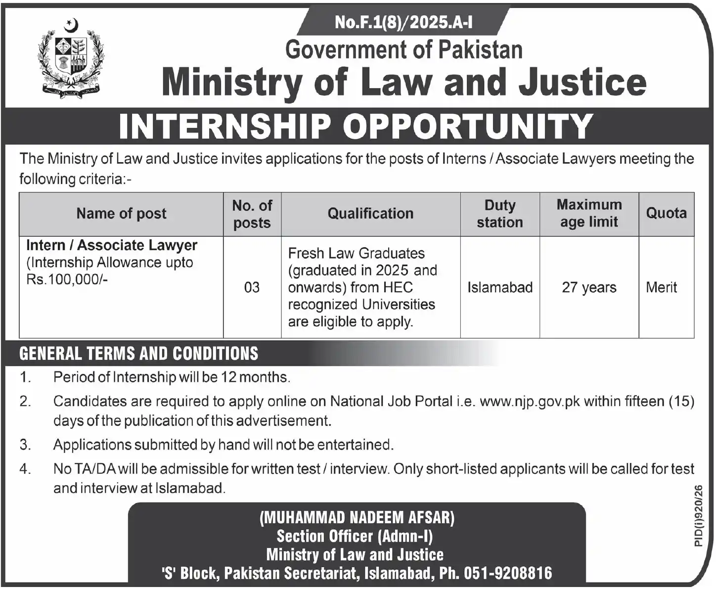 Ministry of Law and Justice Internship 2026 Advertisement — Islamabad Express Tribune 31 July 2026
