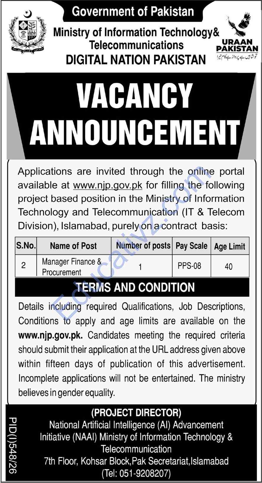 Ministry of Information Technology & Telecommunication MOIT Jobs | Manager Finance Procurement - Official Advertisement