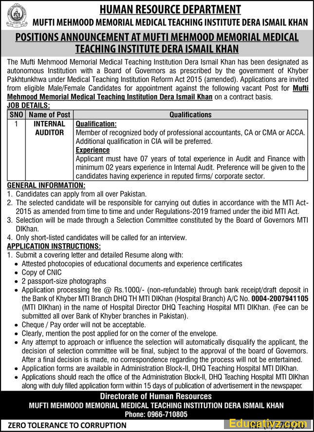 Mufti Mehmood Memorial Medical Teaching Institute MTI Dera Ismail Khan Jobs | Internal Auditor - Official Advertisement