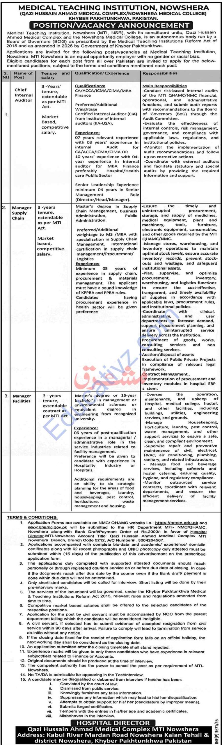 Medical Teaching Institution MTI Jobs | Chief Internal Auditor, Manager Supply Chain, Manager Facilities - Official Advertisement