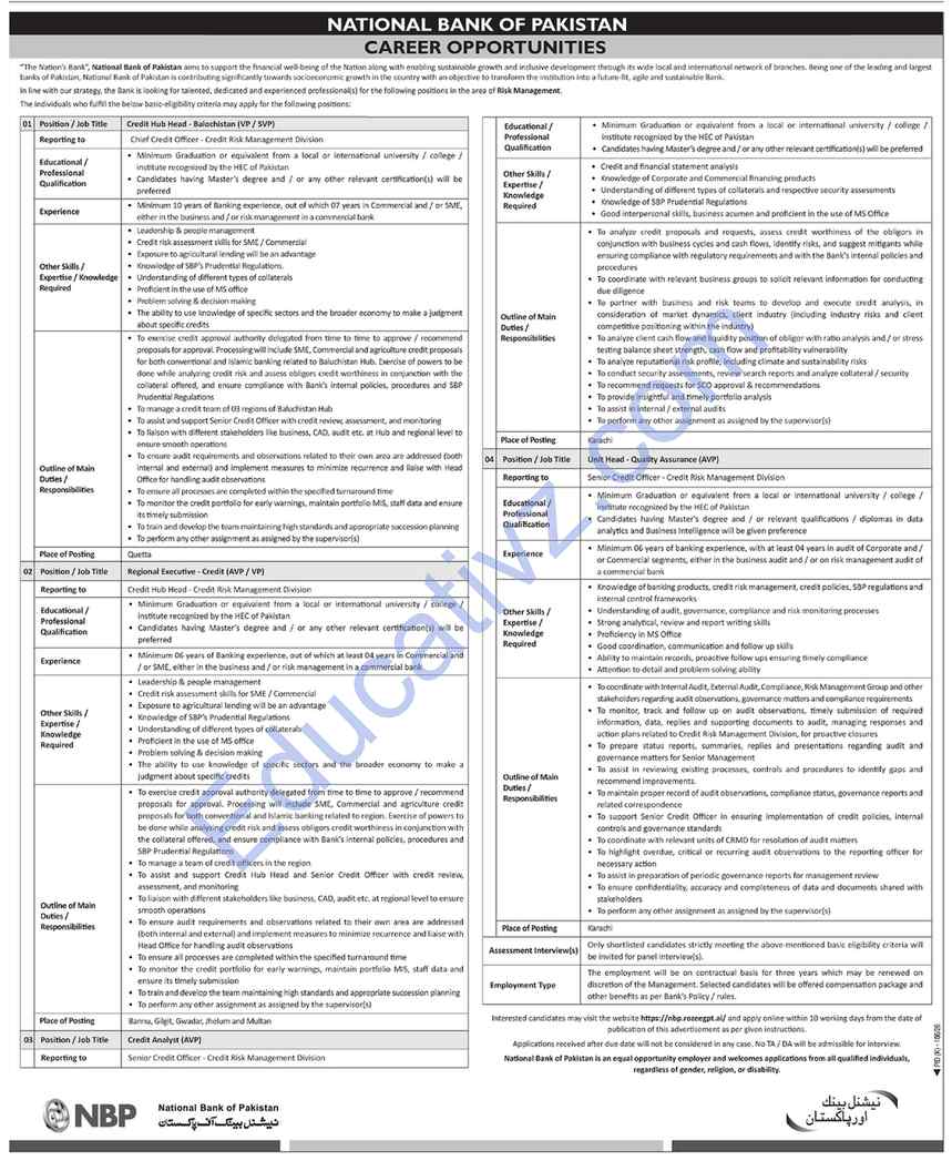 National Bank of Pakistan NBP Jobs July 2026 | Credit Hub Head, Credit Analyst, Regional Executive and Unit Head - Official Advertisement