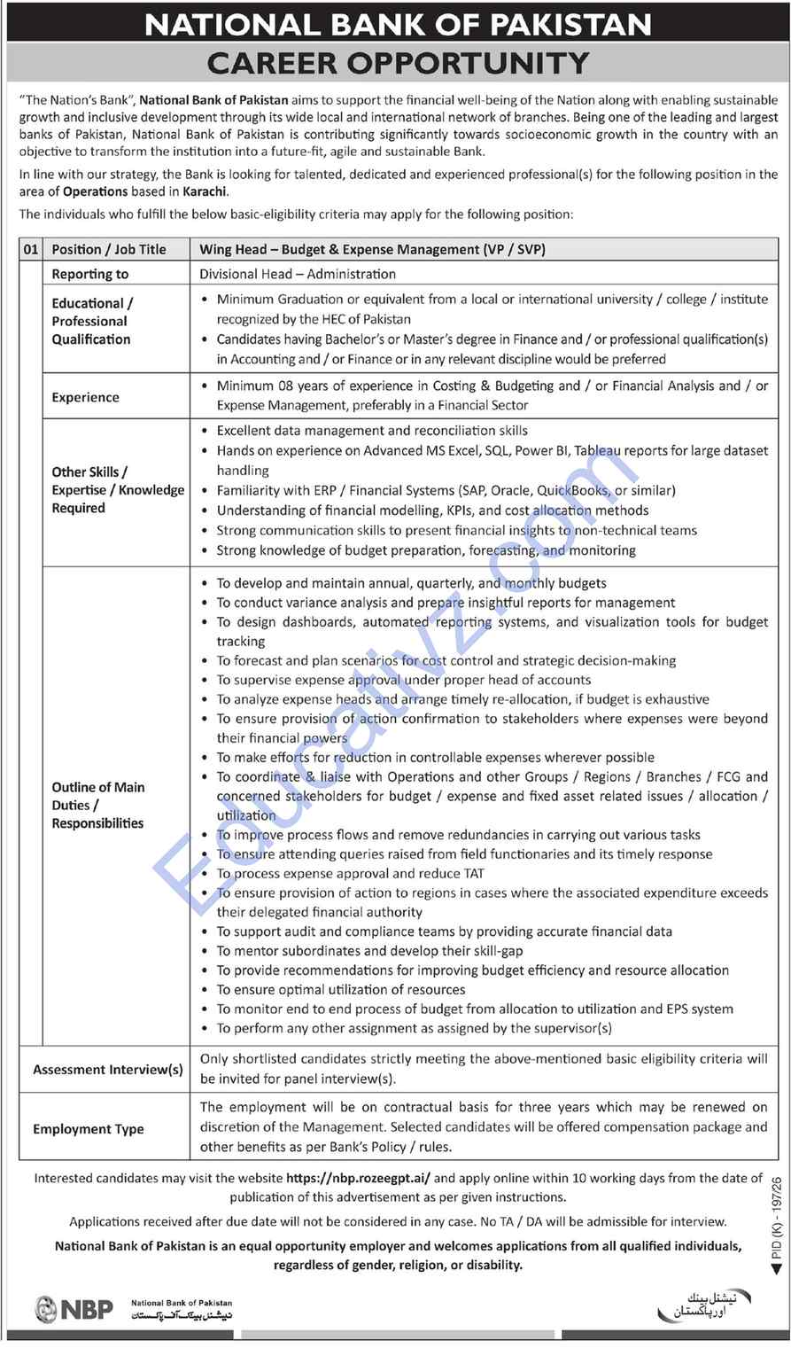 National Bank of Pakistan NBP Jobs | Management Jobs - Official Advertisement