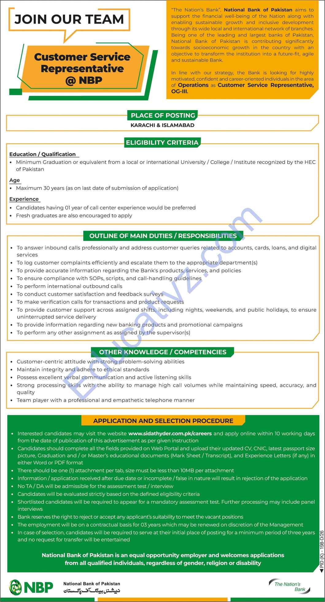 National Bank of Pakistan NBP Jobs | Customer Service Representative - Official Advertisement