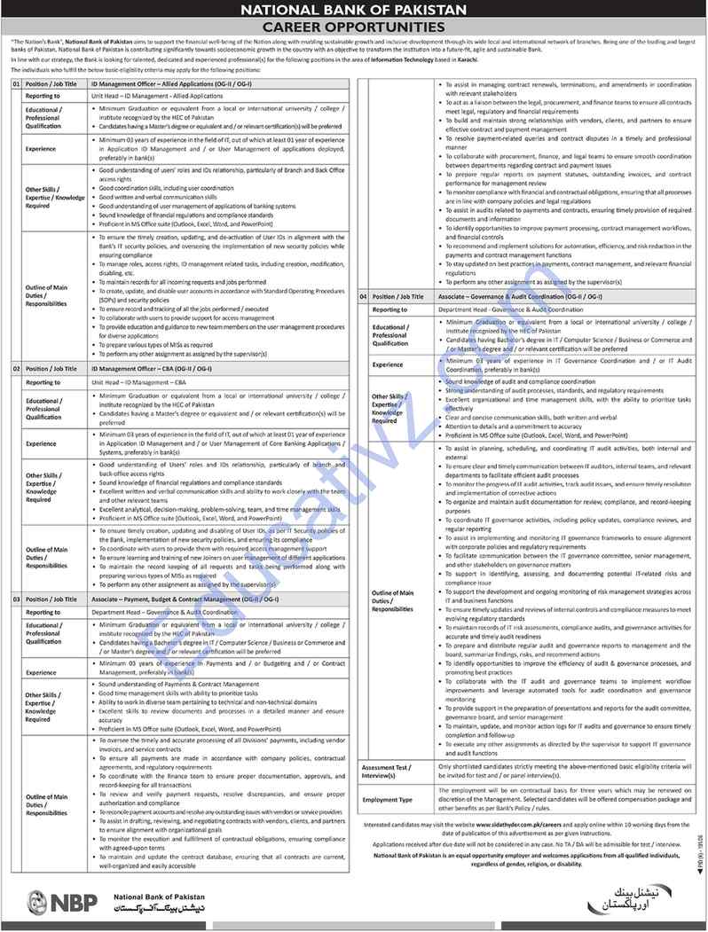 National Bank of Pakistan NBP Jobs | Associate, Id Management Officer - Official Advertisement
