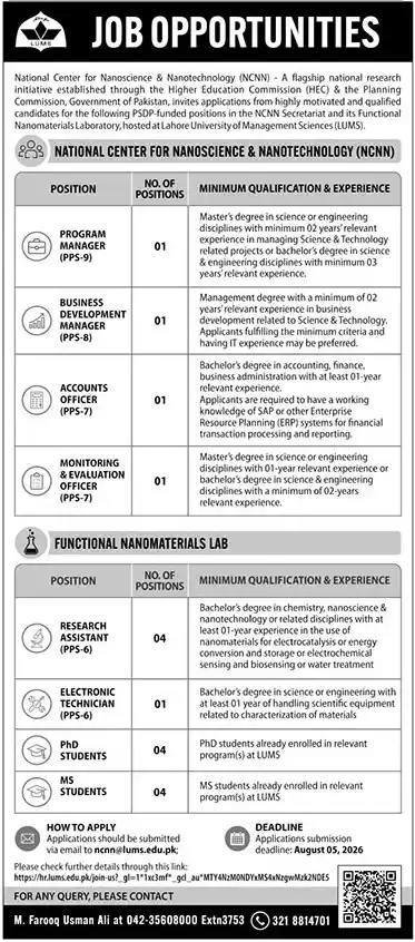 National Center for Nano Science & Nanotechnology Jobs August 2026 Advertisement — Lahore The News 29 July 2026