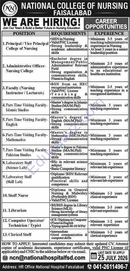 National College of Nursing Jobs | Principal, Vice Principal, Administrative Officer & Others - Official Advertisement