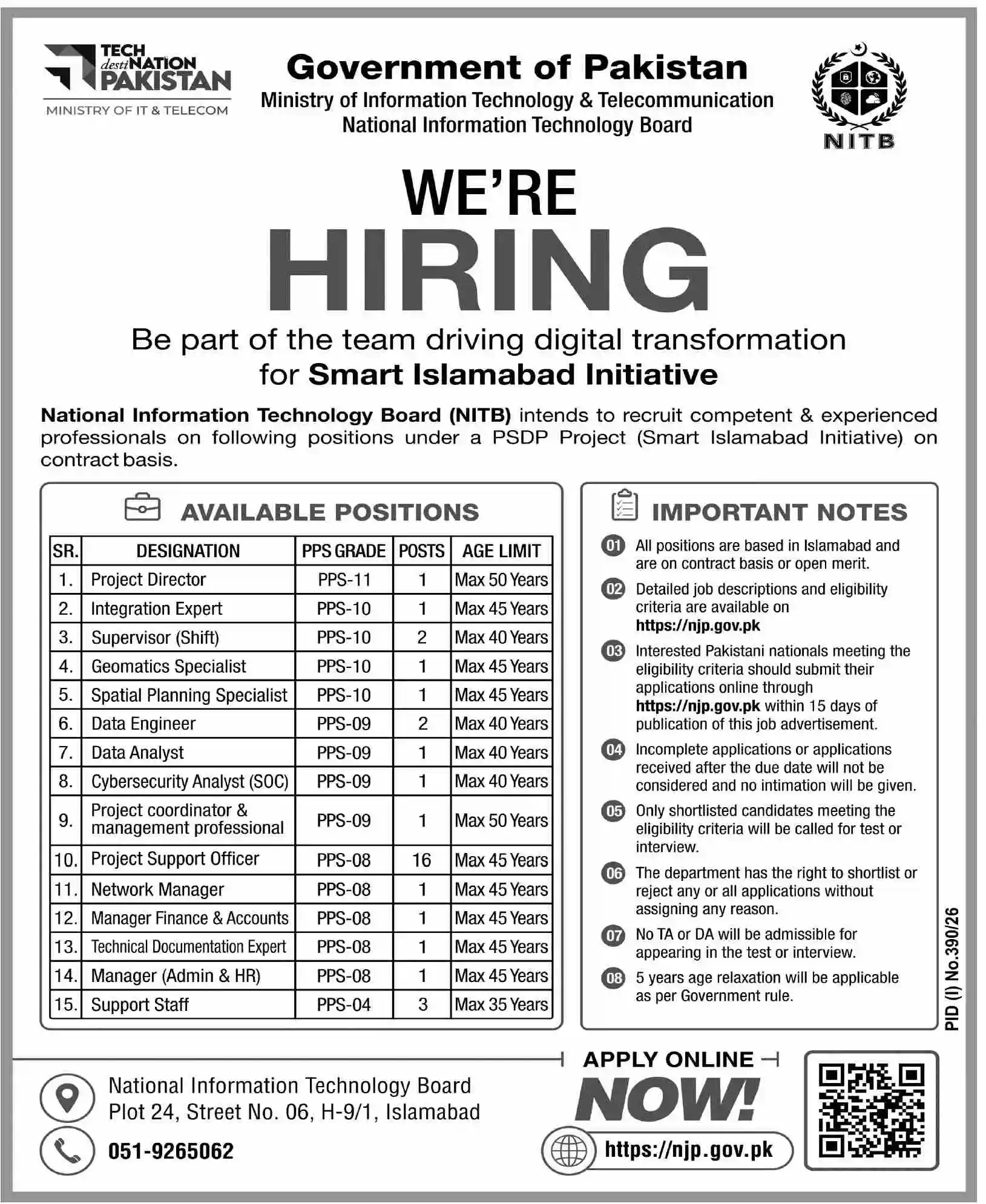 National Information Technology Board NITB Jobs July 2026 official advertisement for Project Director Data Engineer Cybersecurity Analyst Project Support Officer and other posts